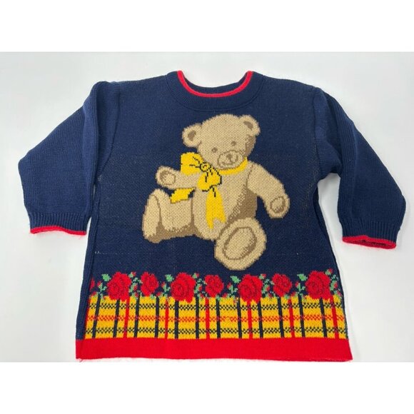 VTG 70s 80 Knit Kids Sweater Pullover Toddler Size 18 Mons Blue Teddy Bear Roses - Picture 1 of 12